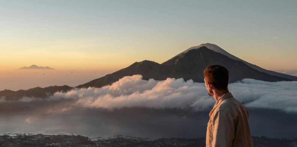 "Stunning View of Mount Batur at Sunrise in Bali"